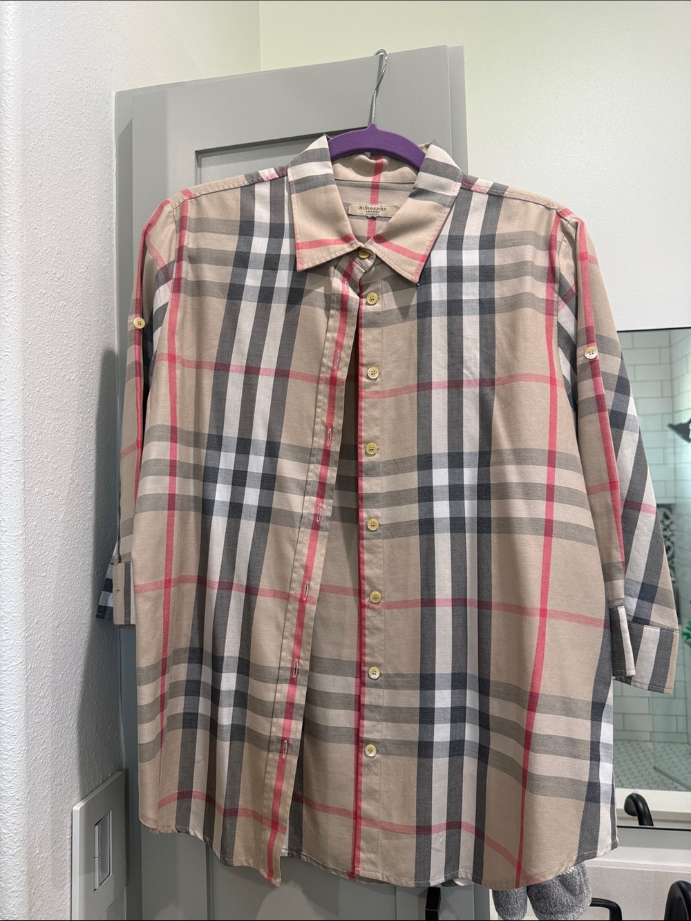 Burberry Beige Plaid Shirt with Pink Stripe